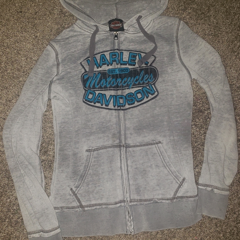 Ladies Burnout Light Grey & Teal Harley-Davidson Graphics Zip-up Hoodie Sweater